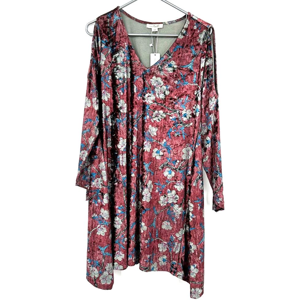 Simply Noelle Size‎ XXL Dress Red Floral Crushed Velvet Long Sleeve V Neck NWT